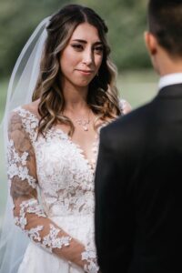 Romantic Half Up Bridal Waves with Veil – Lace Sleeve Wedding Dress | Northeast Ohio Bride